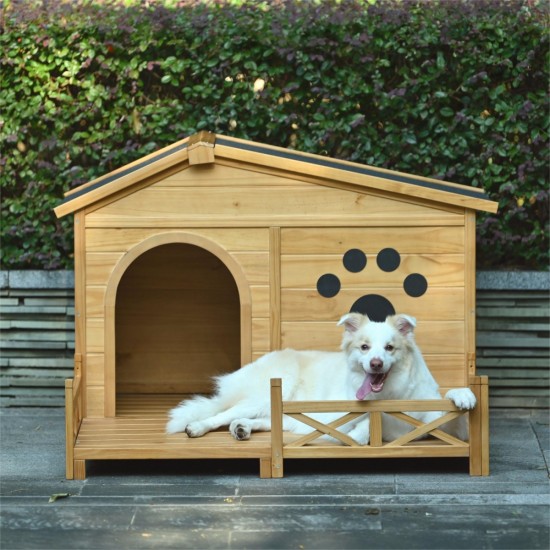 48 Inch  Wooden Dog House Outdoor with Porch, Dog Kennel with Water-Resistant Asphalt Roof and Fencing,Indoor & Outdoor Dog Crate with Paw Print, Medium, Nature