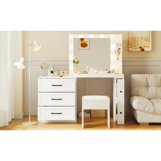 55.2 Inch  Vanity Desk with Freely Adjustable Side Cabinet, Makeup Vanity with Hollywood Lights, 5 Storage Drawers & 2-shelves, Modern Dressing Table, White