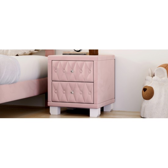 Elegant Velvet Nightstand with 2 Drawers and Crystal Handle, Storage Bedside Table with Button-Tufted, Pink