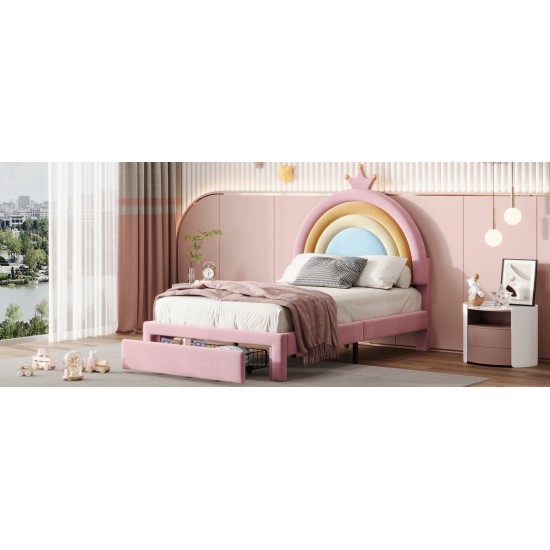 Twin Size Upholstered Rainbow Design Bed, Velvet Princess Platform Bed with Storage Drawer, No Box-spring Needed,Colorful&Pink