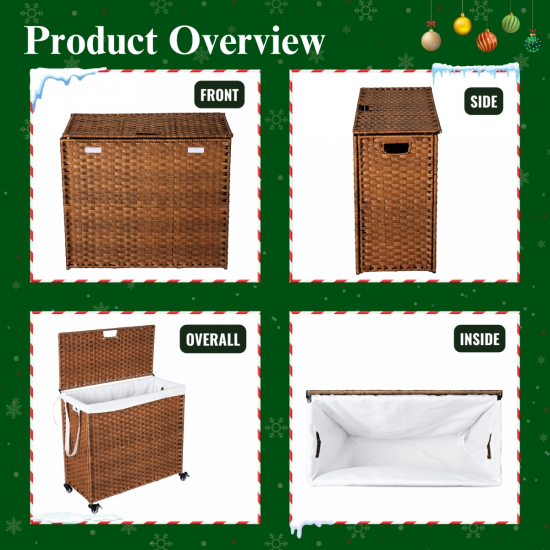 Laundry Hamper With Lid PE Rattan Powder Coating Frame Clothes Hampers with 02 Removable Bags, Wheels, 160L, Brown Color