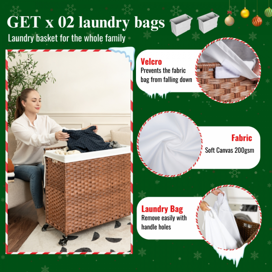 Laundry Hamper With Lid PE Rattan Powder Coating Frame Clothes Hampers with 02 Removable Bags, Wheels, 160L, Brown Color