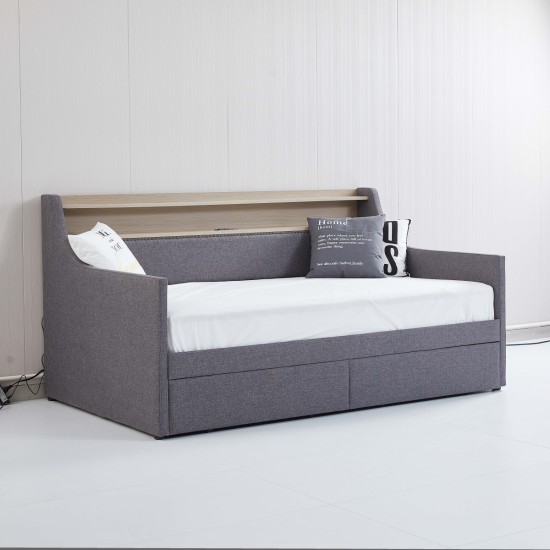 Twin Size Daybed with Storage Drawers, Upholstered Daybed with Charging Station and LED Lights, Gray(Old Item W1580S00034)