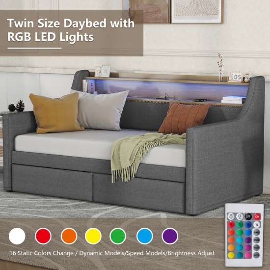 Twin Size Daybed with Storage Drawers, Upholstered Daybed with Charging Station and LED Lights, Gray(Old Item W1580S00034)