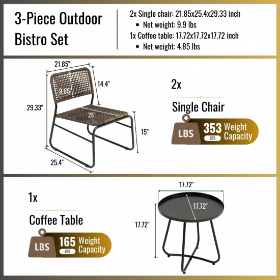 Patio Furniture Set 3 Piece Mixture Pattern PE Rattan Steel Frame And Modern Round Table, Brown and Black