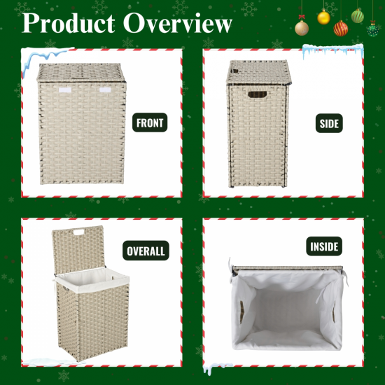 Laundry Hamper With Lid PE Rattan Powder Coating Frame Clothes Hampers with 01 Removable Bags, 100L, Gray Color