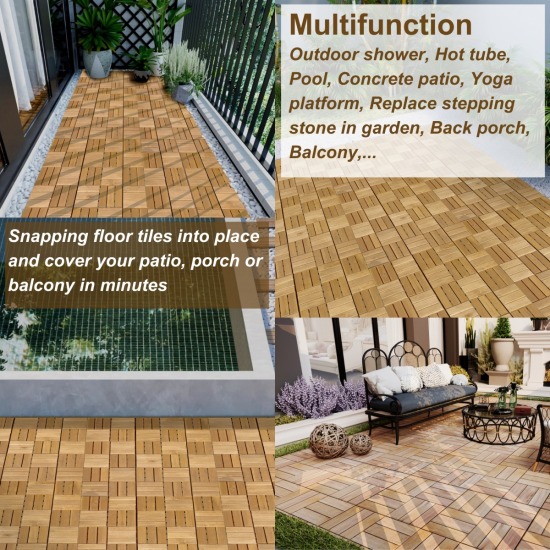 30 PCS Interlocking Deck Tiles Checker Pattern, 12 Inch  x 12 Inch  Square Yellow Acacia Hardwood Outdoor Flooring for Patio, Bancony, Pool Side,...