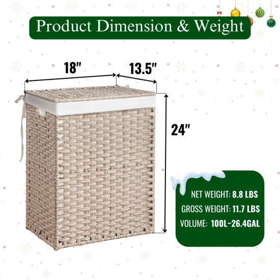 Laundry Hamper With Lid PE Rattan Powder Coating Frame Clothes Hampers with 01 Removable Bags, 100L, Gray Color