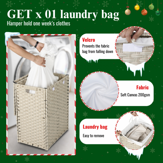 Laundry Hamper With Lid PE Rattan Powder Coating Frame Clothes Hampers with 01 Removable Bags, 100L, Gray Color