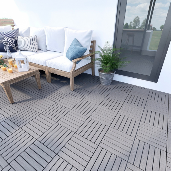 10 PCS Interlocking Deck Tiles Striped Pattern, 12 Inch  x 12 Inch  Square Light Gray Acacia Hardwood Outdoor Flooring for Patio, Bancony, Pool Side,...