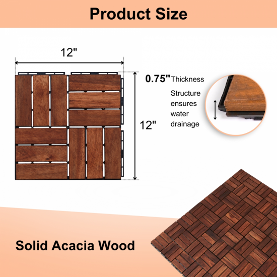 Acacia Wood Interlocking Deck Tiles Checker Pattern, 30 PCS  12 Inch  x 12 Inch  Square Acacia Hardwood Outdoor Flooring for Patio, Bancony, Pool Side,...