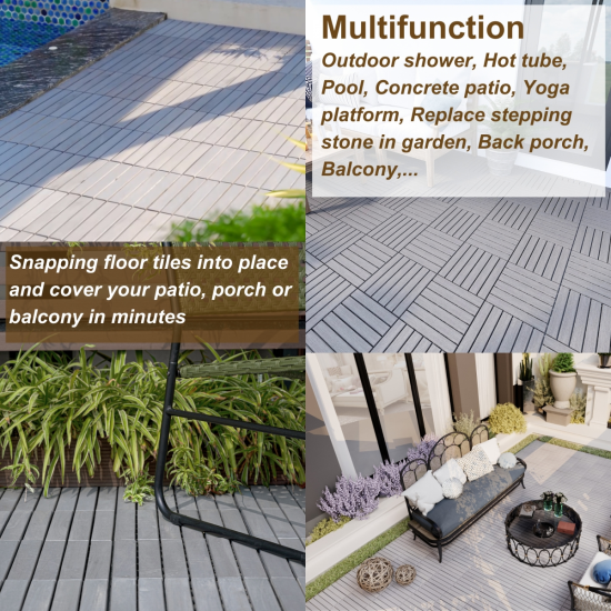 10 PCS Interlocking Deck Tiles Striped Pattern, 12 Inch  x 12 Inch  Square Light Gray Acacia Hardwood Outdoor Flooring for Patio, Bancony, Pool Side,...