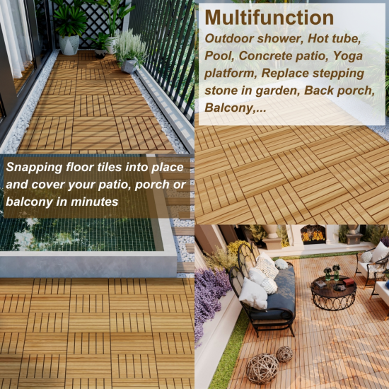 30 PCS Interlocking Deck Tiles Striped Pattern, 12 Inch  x 12 Inch  Square Yellow Acacia Hardwood Outdoor Flooring for Patio, Bancony, Pool Side,...