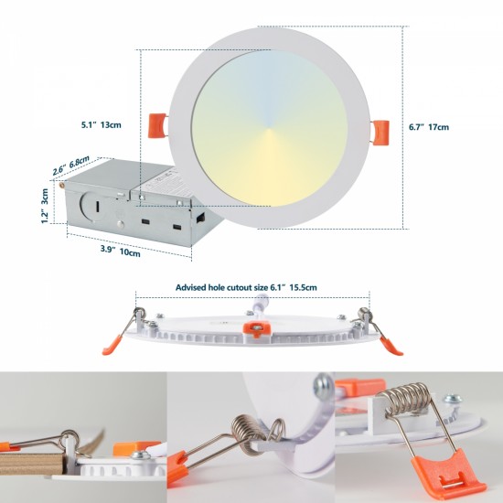 6.7 Inch LED Recessed Ceiling Lights, 12-Pack Ultra-Thin with Junction Box, 5 Color Temperature Options 2700K-5000K, 12W 1080LM Dimmable Canless Downlight, ETL Listed for Home and Commercial Use