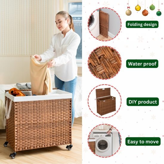 Laundry Hamper With Lid PE Rattan Powder Coating Frame Clothes Hampers with 02 Removable Bags, Wheels, 160L, Brown Color