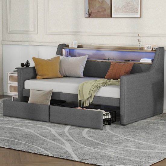 Twin Size Daybed with Storage Drawers, Upholstered Daybed with Charging Station and LED Lights, Gray(Old Item W1580S00034)