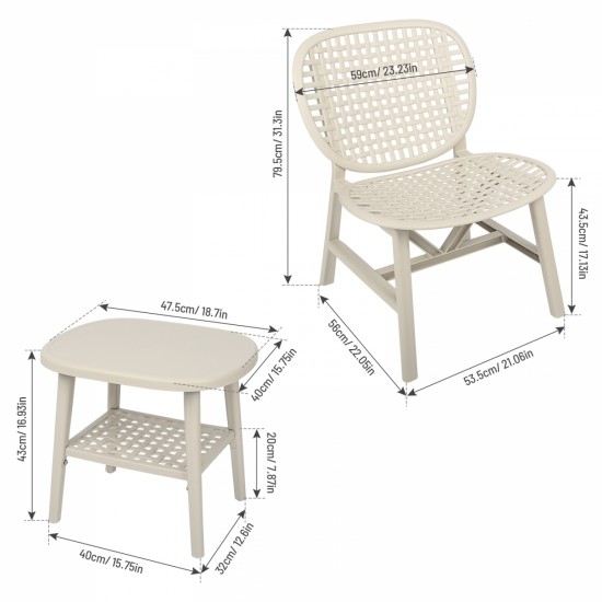 3 Pieces Hollow Design Retro Patio Table Chair Set All Weather Conversation Bistro Set Outdoor Table with Open Shelf and Lounge Chairs with Widened Seat for Balcony Garden Yard White