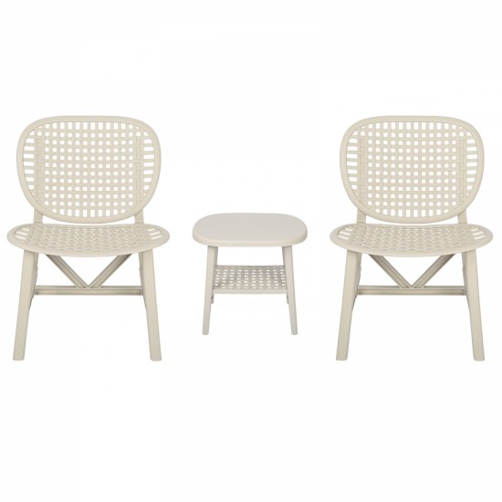 3 Pieces Hollow Design Retro Patio Table Chair Set All Weather Conversation Bistro Set Outdoor Table with Open Shelf and Lounge Chairs with Widened Seat for Balcony Garden Yard White