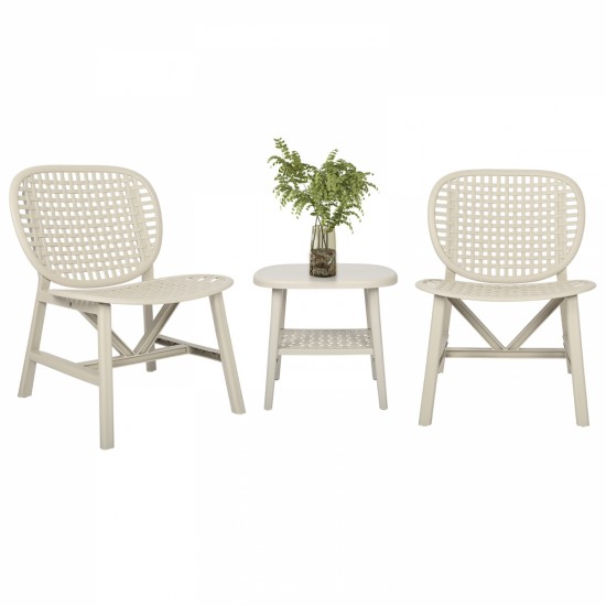 3 Pieces Hollow Design Retro Patio Table Chair Set All Weather Conversation Bistro Set Outdoor Table with Open Shelf and Lounge Chairs with Widened Seat for Balcony Garden Yard White