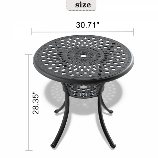 Ø30.71-inch Cast Aluminum Patio Dining Table With Black Frame and Umbrella Hole