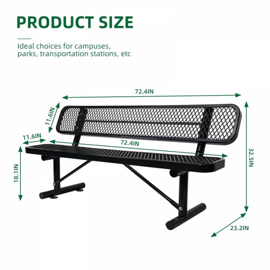 6 ft. Outdoor Steel Bench with Backrest in Black