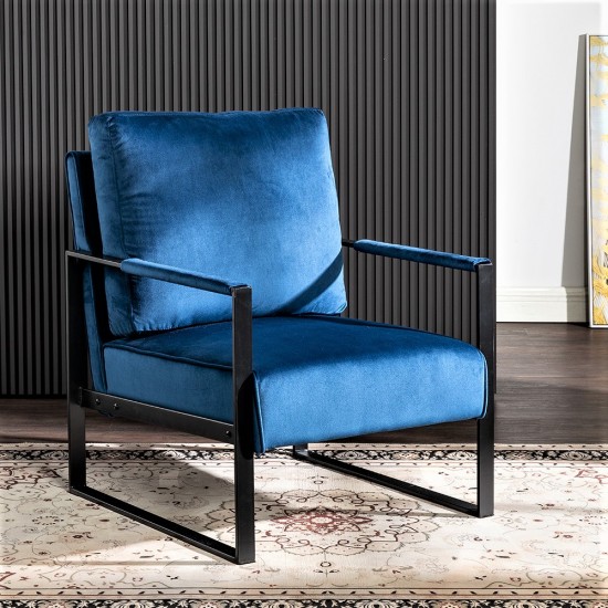 Classic Mid Century Modern Accent Chair with Durable Square Metal Frame, Armchair for Living Room, Bedroom, Home Office in Plush Velvet Upholstery, Blue